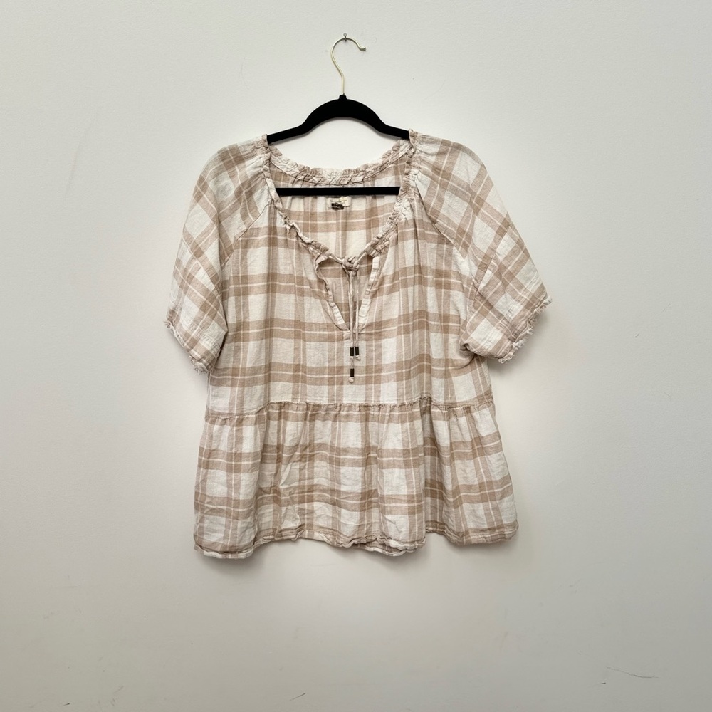 PILCRO Anthropologie Bette Babydoll Plaid Top Tan Neutral L - Picture 2 of 5